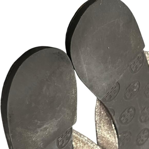 Tory Burch Thora Thong Sandal 9 Brown Glitter Leather Flip Flops Logo Medallion - Picture 12 of 16
